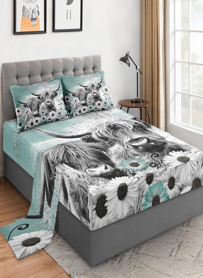 WeCozy 4 Pieces Full Size Bed Sheet Sets with Pillowcases, Highland Cow Animal Soft Microfiber Bedding for Kids and Adults, Farm Daisy Flat, Fitted Sheet for Bedroom Bed Decor - Image 1